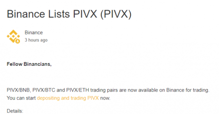 BINANCEに$PIVX(PIVXピヴクス)が上場！仮想通貨取引所最新ニュース