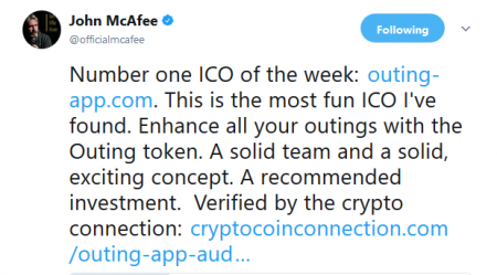 Number one ICO of the week: http://www.outing-app.com .ジョン・マカフィーがツイート