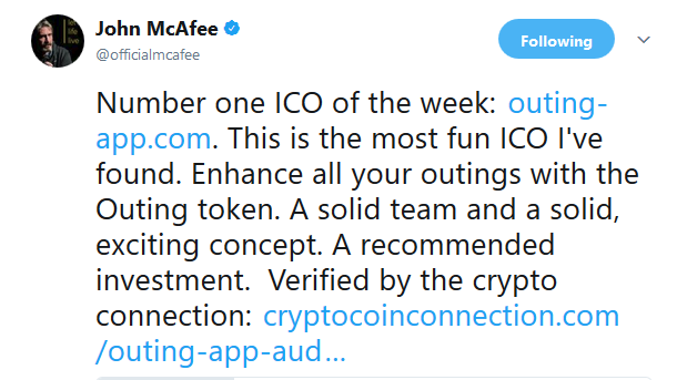 Number one ICO of the week: http://www.outing-app.com .ジョン・マカフィーがツイート