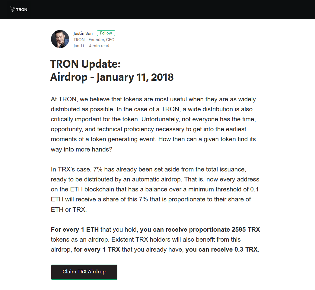 $TRX(TRON)AirDrop配布は偽サイト。TRON公式アカウントがツイート