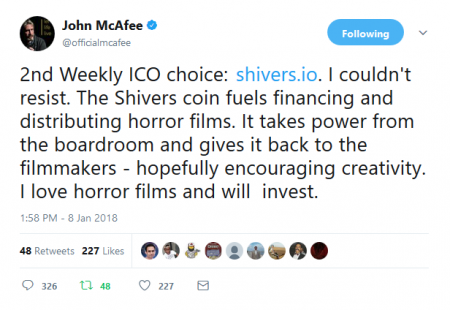 「2nd Weekly ICO choice: http://www.shivers.io 」ジョン・マカフィーがツイート。仮想通貨ICOニュース速報