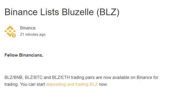 バイナンスに$BLZ(Bluzelle )新規上場！仮想通貨アルトコイン取引所新規上場最新情報