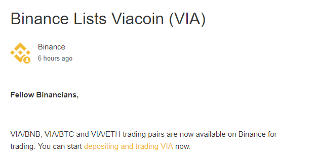 $VIA(Viacoin) バイナンスに新規上場！仮想通貨アルトコイン新規上場$VIA(Viacoin/ヴィアコイン)最新情報