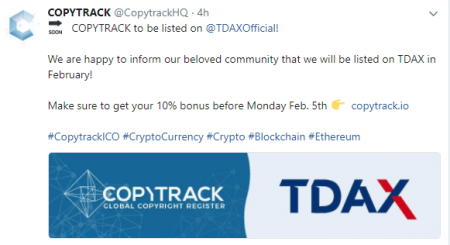 $CPY COPYTRACKがTDAXに2月上場予定！HitBTCにも上場決定済み。仮想通貨取引所ICO新規上場最新情報$CPY COPYTRACK will be listed on TDAX in February!and HitBTC!Cryptocurrency exchange ICO new listing news